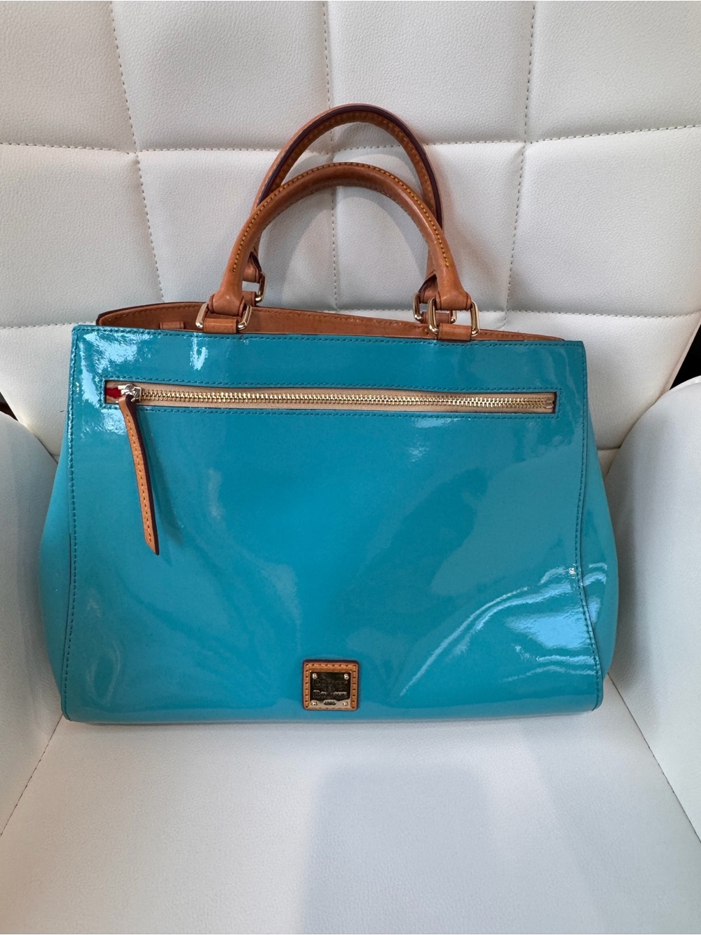 Dooney & Bourke Aqua Patent Satchel with Tan Trim